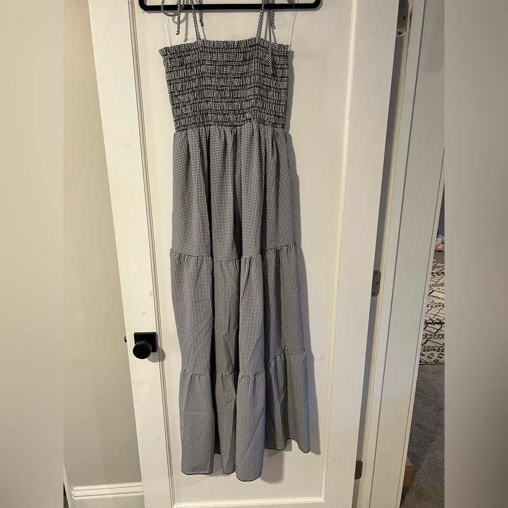 Gingham smocked tie shoulder maxi dress